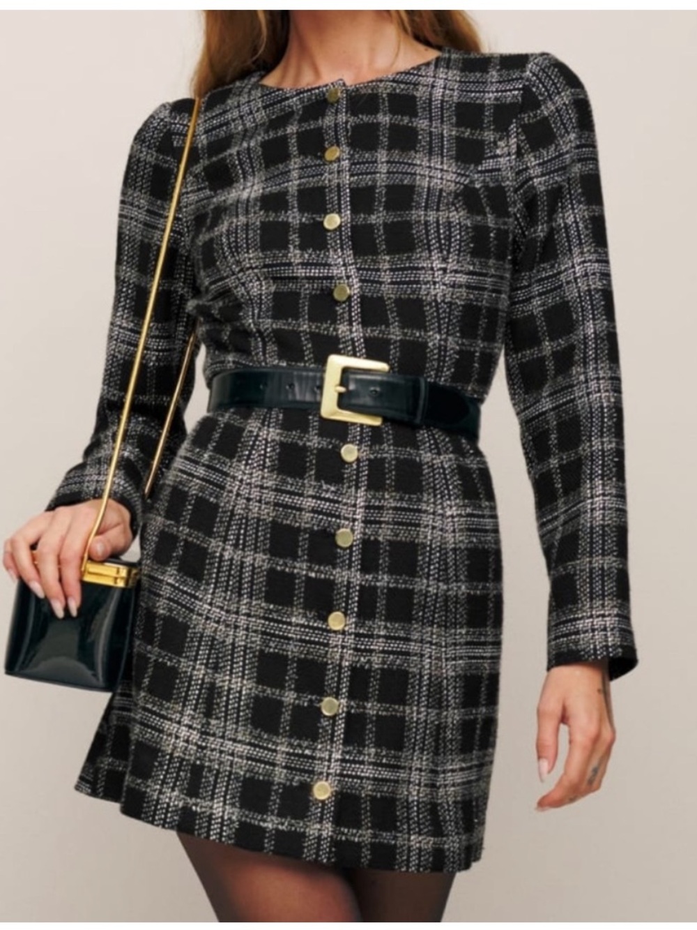 Reformation Oliana Dress Tweed Button Front Long Sleeve Black Size 4
